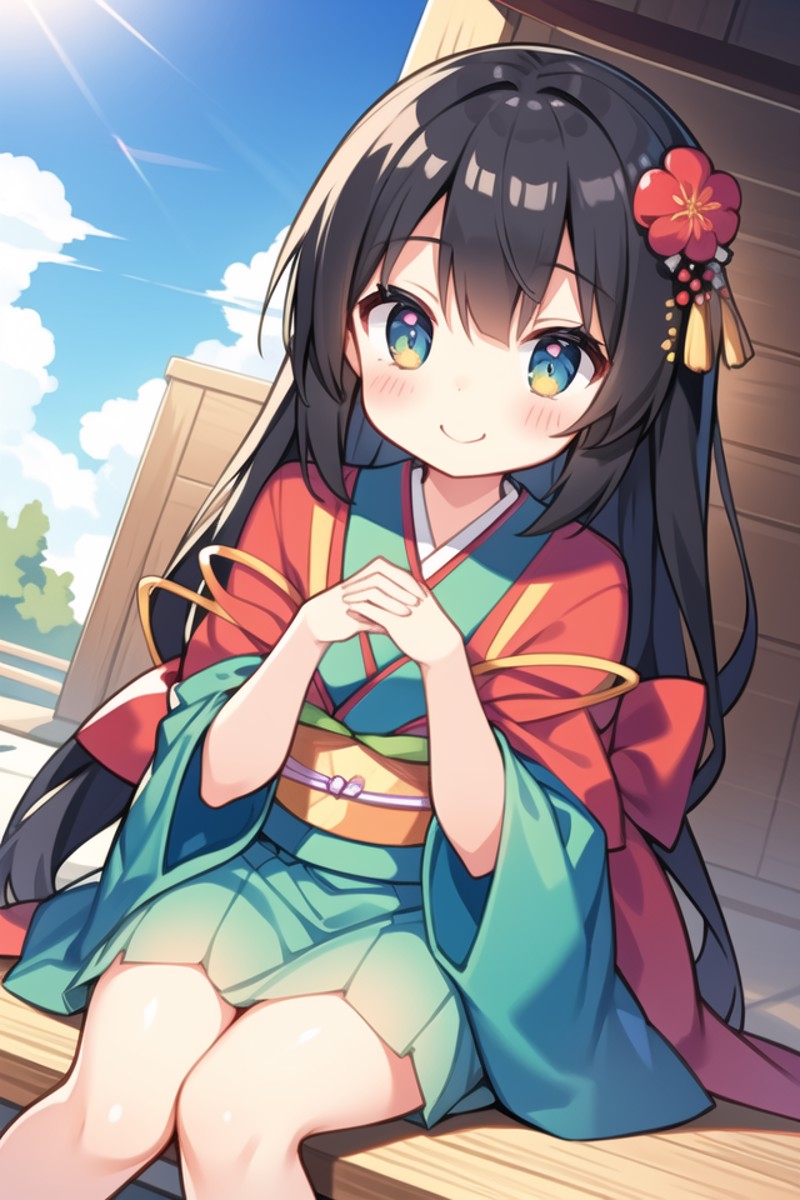 beautiful illustration, best quality, cute girl, outdoor, kimono, black hair